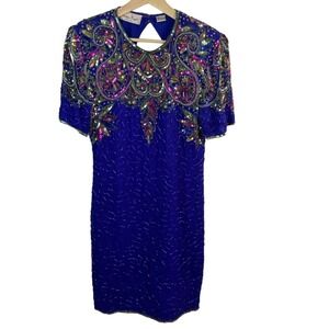 Vintage Laurence Kazar Womens Cocktail Dress Sz Medium‎ Blue Beaded Open Back